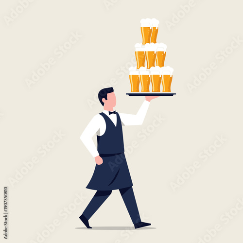 Waiter carrying tray with stacked glasses of beer in minimalist style  