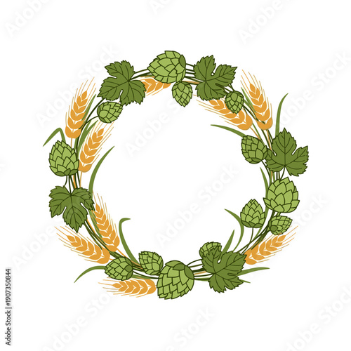 Hop and wheat wreath in green and yellow botanical style  