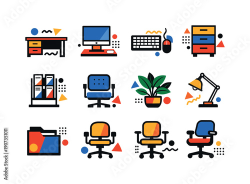 Property leasing office and site management assets in abstract flat style: office desk, desktop computer, monitor, keyboard, mouse, filing cabinet, brochure