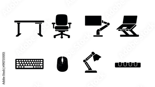 Office hybrid workspace setup: adjustable desk, office chair, monitor arm, laptop stand, external keyboard, wireless mouse, desk lamp, cable organizer