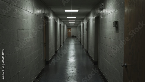 Long Hallway With Doors on Both Sides in Dim Lighting at a Building Location