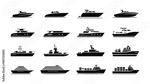Ship and boat icon set, vector illustrations of water transport symbols, including vessels for travel, shipping, and transportation, isolated for UI/UX, apps, websites, and digital design