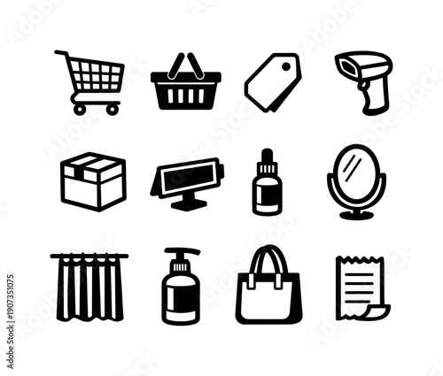 In store shopping tools in linear style: shopping cart, shopping basket, price tag, barcode scanner, product box, shelf label, sample bottle, mirror, fitting
