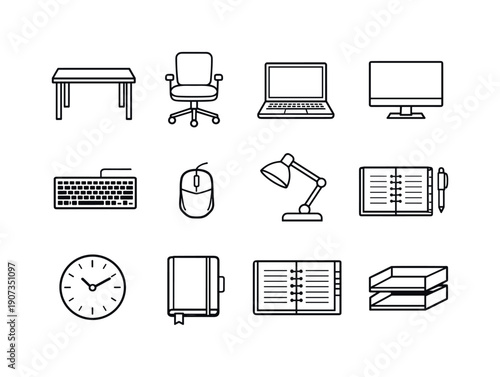 Startup innovation workspace in linear style: office desk, swivel chair, laptop, monitor, keyboard, mouse, desk lamp, notebook, pen, planner book, wall clock
