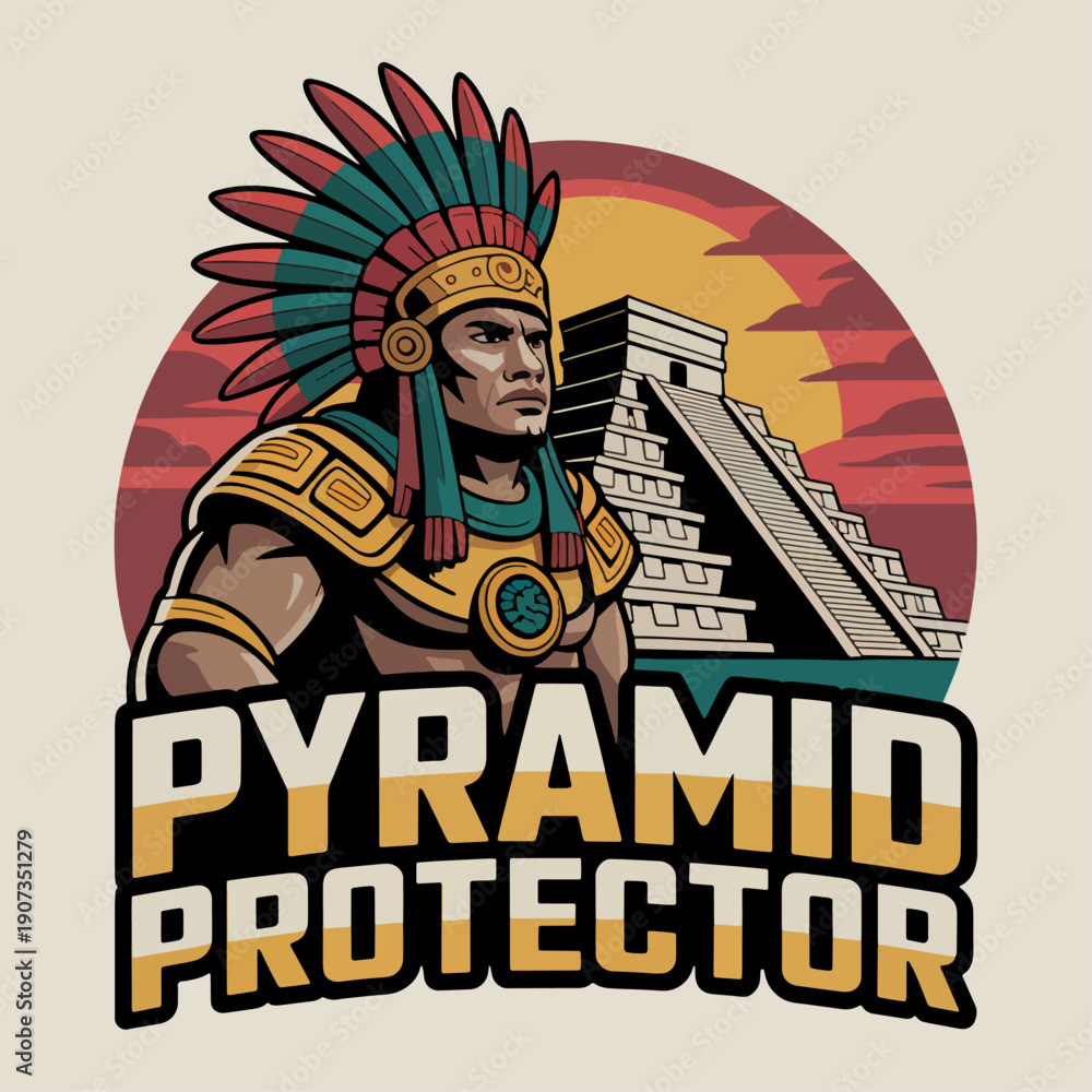 Obraz premium Illustration of a strong Aztec-inspired protector before an ancient pyramid, symbolizing wisdom, heritage, resilience, and the vibrant pride rooted in ancient Latin American history