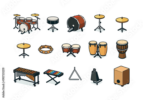 Musical instruments percussion section in simple isometric flat vector style: drum set, snare drum, bass drum, tom drum, hi-hat, cymbal, tambourine, bongo