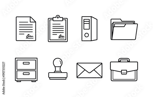 Contract documentation management in linear style: paper contract, clipboard, binder, document folder, filing cabinet, stamp, envelope, briefcase