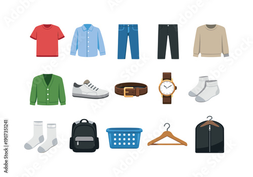 All season basics flat style: basic t shirt, button down shirt, classic jeans, black trouser, neutral sweater, cardigan, sneaker pair, leather belt, wristwatch