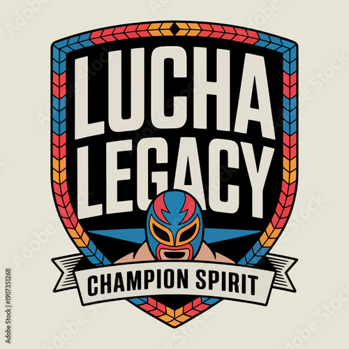 Lucha Legacy emblem featuring bold typography and luchador mask in shield frame, representing honor, championship spirit, and the thrilling legacy of Mexican wrestling tradition