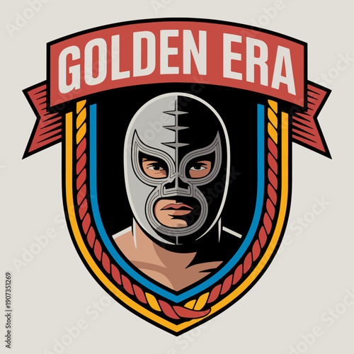 Retro-inspired Golden Era wrestling logo showcasing metallic mask within classic frame, honoring timeless icons of performance, discipline, and physical artistry in lucha tradition