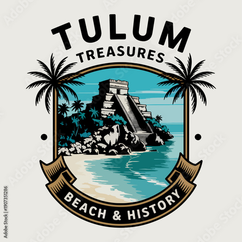 Scenic Tulum Treasures logo showcasing coastal ruins, palm trees, and turquoise waters, celebrating Mexico’s tropical beauty, history, and the harmony between nature and ancient civilization