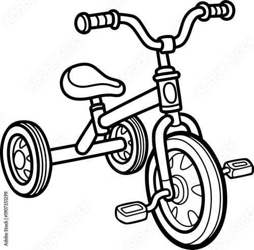  three-wheeled children's bicycle  line vector illustration isolated on white background