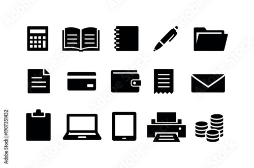 Financial Operations accounting in silhouette style: calculator, ledger, notebook, pen, folder, document, credit card, wallet, receipt, envelope, clipboard
