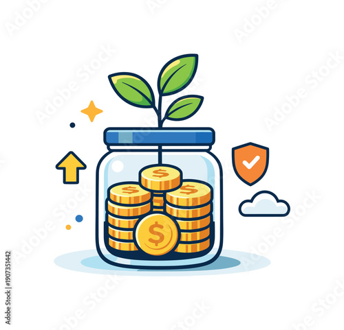 Mindful saving habits and gradual wealth building in personal finance, a jar with coins paired with a growing plant symbolizing patience and steady progress