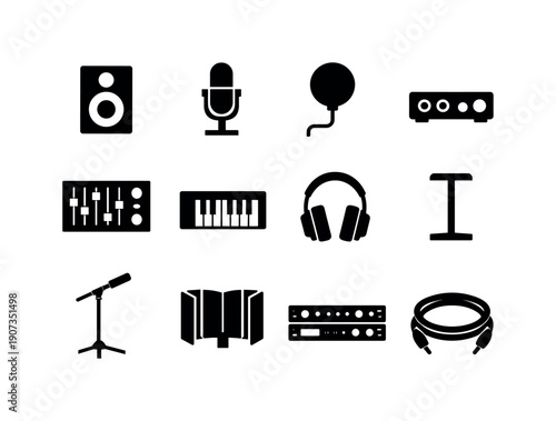 Minimal Music Studio Icons. Music studio equipment: studio monitor, microphone, pop filter, audio interface, mixing console, MIDI keyboard, headphone, headphone