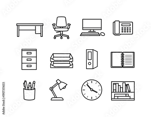 Financial advisory office setup in linear style: office desk, swivel chair, desktop computer, desk phone, filing cabinet, document tray, binder, notebook, pen