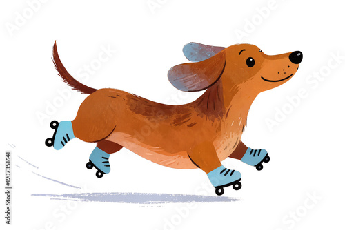 Happy brown dachshund dog roller skating isolated on white background. Concept of spring and summer activity, fun lifestyle, optimism, and joyful illustration