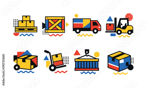 Warehouse  Logistics in abstract flat style: pallet, crate, delivery truck, forklift, package, hand truck, cargo container, box