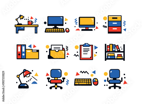 Subscription program operations and account management assets in abstract flat style: office desk, desktop computer, monitor, keyboard, mouse, filing cabinet