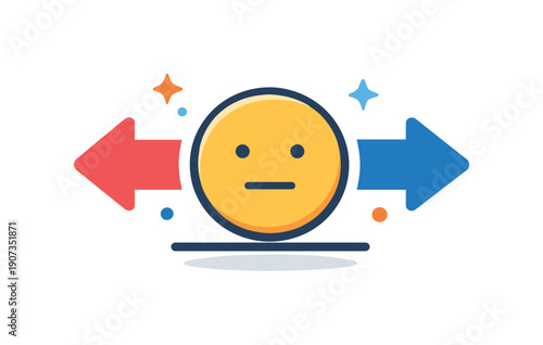 Emotional neutrality and maintaining professional calm during conflict or pressure, a centered neutral face icon balanced between opposing arrows expressing