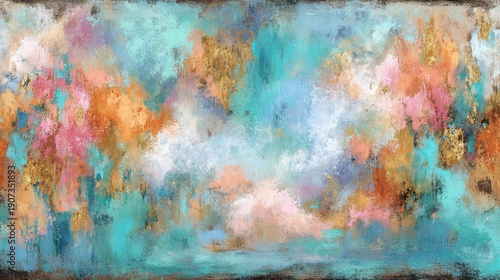 Abstract turquoise and coral textured painting with gold accents for artistic backgrounds