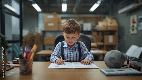 Young Boy Studies at a Desk in a Room Filled With Boxes and Office Supplies
