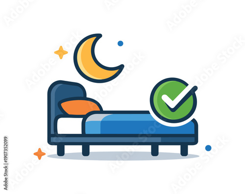Healthy sleep routine and recovery for busy lifestyles, a bed icon combined with a moon and a simple checkmark symbolizing rest discipline and wellbeing