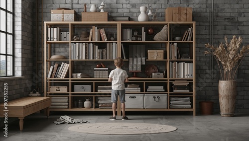 Child Stands in Front of Bookshelf With Various Items in Modern Room During D...