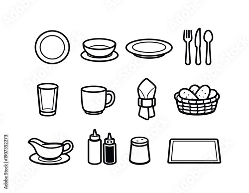 Seasonal dining and tableware in linear style: dinner plate, soup bowl, serving platter, cutlery set, drinking glass, ceramic mug, cloth napkin, napkin ring