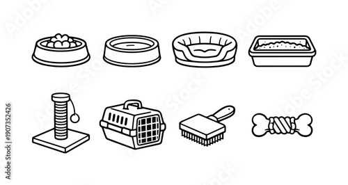 Pet Care Icons. Home pet care accessories: food bowl, water bowl, pet bed, litter box, scratching post, pet carrier, grooming brush, chew toy