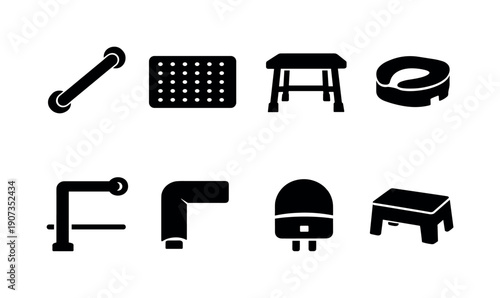 Home bathroom safety accessories: grab bar, anti slip mat, shower seat, raised toilet seat, handrail, corner protector, night light, step stool