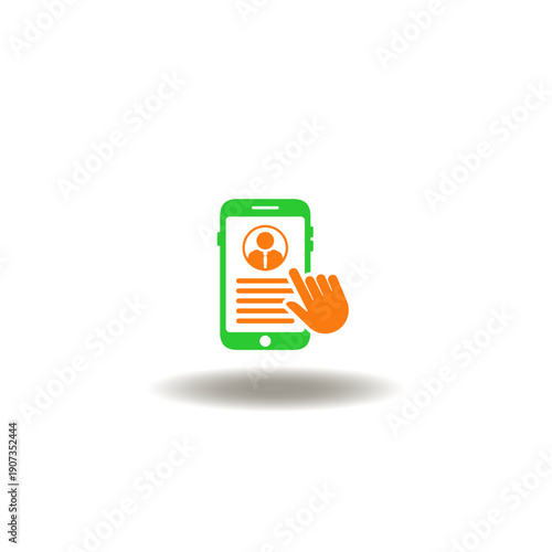 Vector illustration of smartphone and gesture of hand touch to user with text. Icon of user interface design. Symbol of digital and high tech projects development.