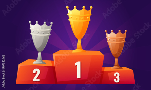 A banner with sports awards, gold, silver and bronze cups for victories, the form of a crown on the podium of the winners. A certificate dedicated to sports victories and a poster to motivate players
