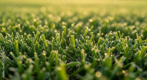 Macro photo of freshly mown green lawn grass with drops of morning dew. AI generated.