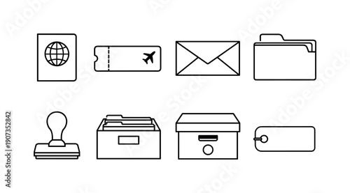 Travel documentation materials linear style: passport, paper ticket, envelope, folder, stamp, file box, archive box, label sticker