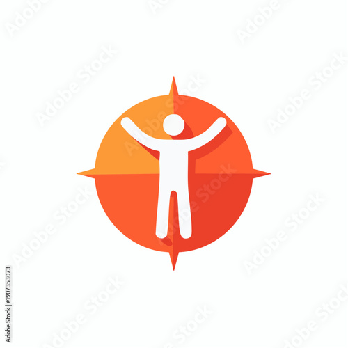 Directional Logo Template: Silhouette Figure, Round Icon with Compass Points,  Guidance Symbol