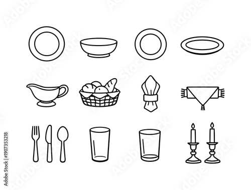 Spring Tableware Icons. Spring holiday tableware in linear style: dinner plate, soup bowl, dessert plate, serving platter, gravy boat, bread basket, cloth