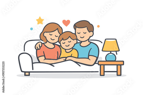 Calm family evening centered on emotional closeness and shared rest at the end of the day, two adults and a child sitting close together on a sofa with a soft