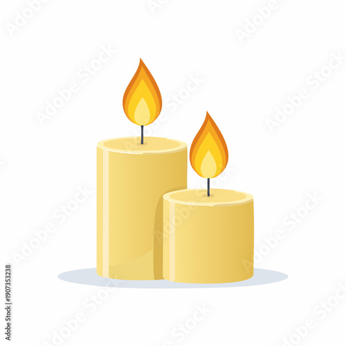 Two burning candles with yellow waxy surfaces and bright orange flames on white background