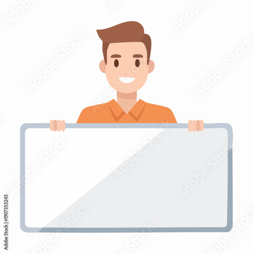 Man Holding Up a Blank Sign Displaying a Happy Face Smiling Cartoon Character Advertisement Presentation