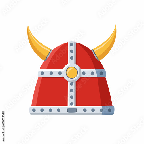 Viking Helmet Illustration Classic Red with Gold Horns Symbol of Strength and Courage
