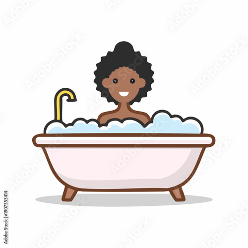 Woman enjoying a bubble bath inside a tub showing relaxation and self care with soft colors and simple line art