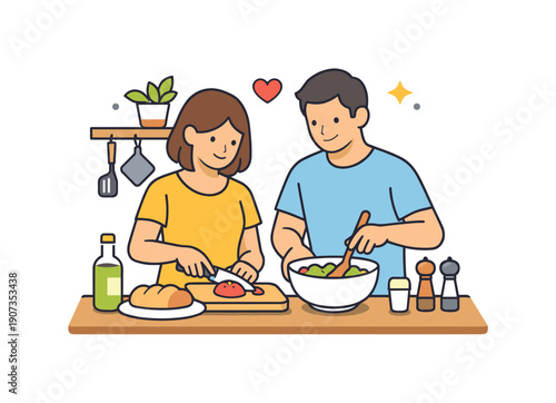 Everyday family care shown through quiet shared routine in a familiar home space, two adults preparing a simple meal together at a small kitchen counter with