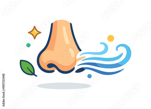 Breathing Comfort Icon. Everyday nose and breathing comfort during normal daily life at home or outdoors, a nose icon paired with soft airflow lines symbolizing