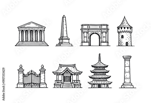Historical Architecture Icons. Historical architecture elements doodle hand-drawn vector style: temple, monument, archway, castle tower, gate, shrine, pagoda