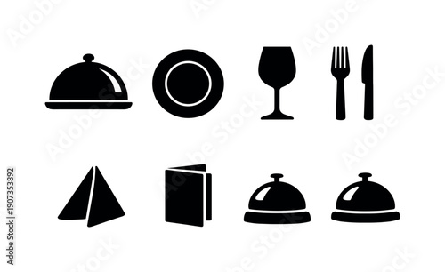 Restaurant dining service tools in silhouette style: serving tray, dinner plate, wine glass, fork, knife, napkin, menu booklet, table bell