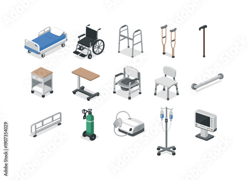 Healthcare support patient care equipment in simple isometric flat vector style: hospital bed, wheelchair, walker, crutch, cane, bedside table, overbed table