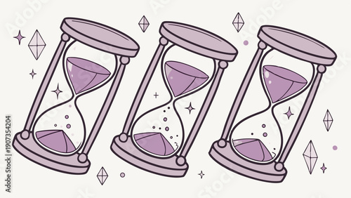Three Magical Purple Hourglasses Tilted with Sparkling Crystals for Time Management Planning or Deadline Countdown Graphics