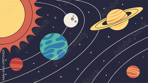 Vibrant Solar System Planets Orbiting Sun Educational Graphic for Science Websites and Kids Learning Materials