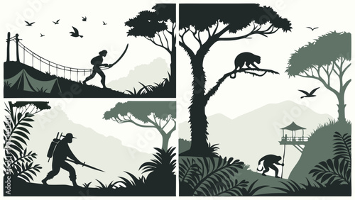 Jungle Adventure Silhouette Set Explorer Crossing Rope Bridge Tracking Wildlife for Travel Gaming App Design